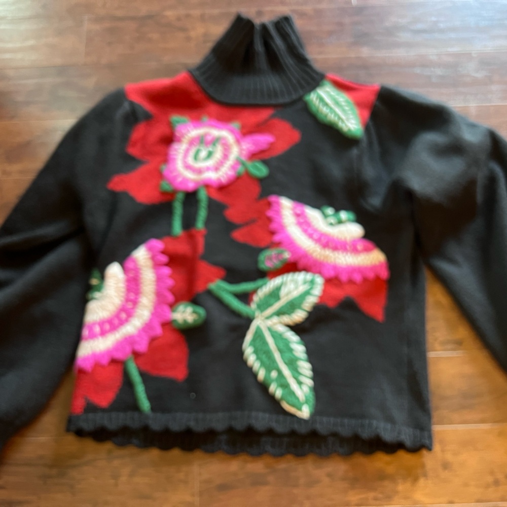 🌸🌹🌺 FARM RIO 🌺🌹🌸 Black Bold Colorful Flower Embroidered Knit Sweater - Picture 9 of 16
